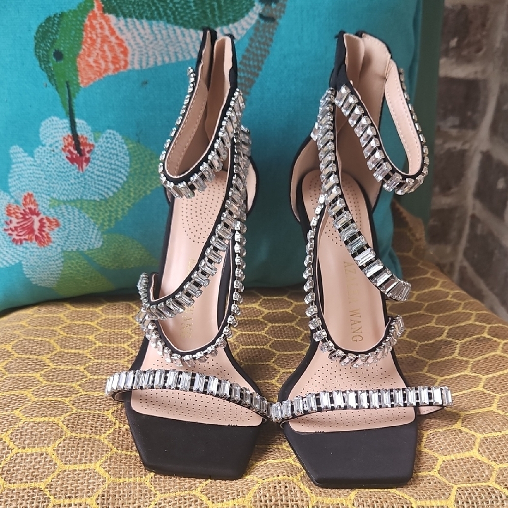 Azalea Wang Black Crystal Rhinestone Stiletto Heels - Picture 1 of 6